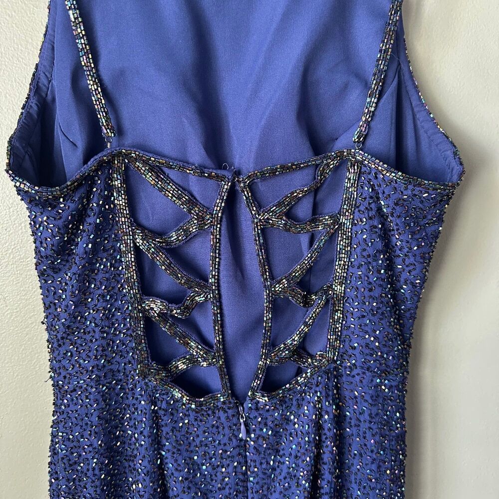 Vintage Sean Collection Beaded Blue Formal Evening Gown Womens XS 100% Silk Slit